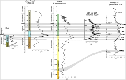 Comparazione delle curve isotopiche mioceniche tra sezioni di piattaforma carbonatica (Laziale-Abruzzese e Apula) e sezioni di bacino (Umbria Marche)