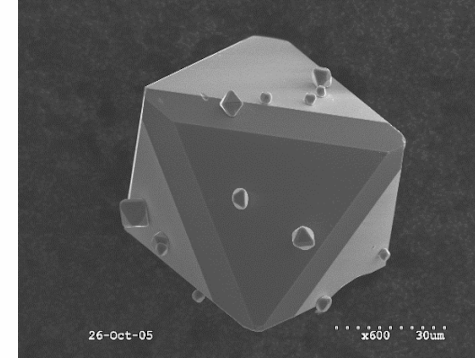 Cristallo ottaedrico di spinello, sintesi da flux growth (circa 0.06 mm, foto al SEM)