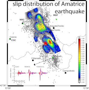 Distribuzione di slip cosismico (in mappa) per il terremoto di Amatrice, 24 Agosto 2016.